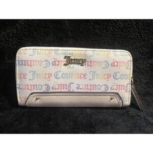 JUICY COUTURE White Rainbow Logo Large Golden Zip Around WALLET